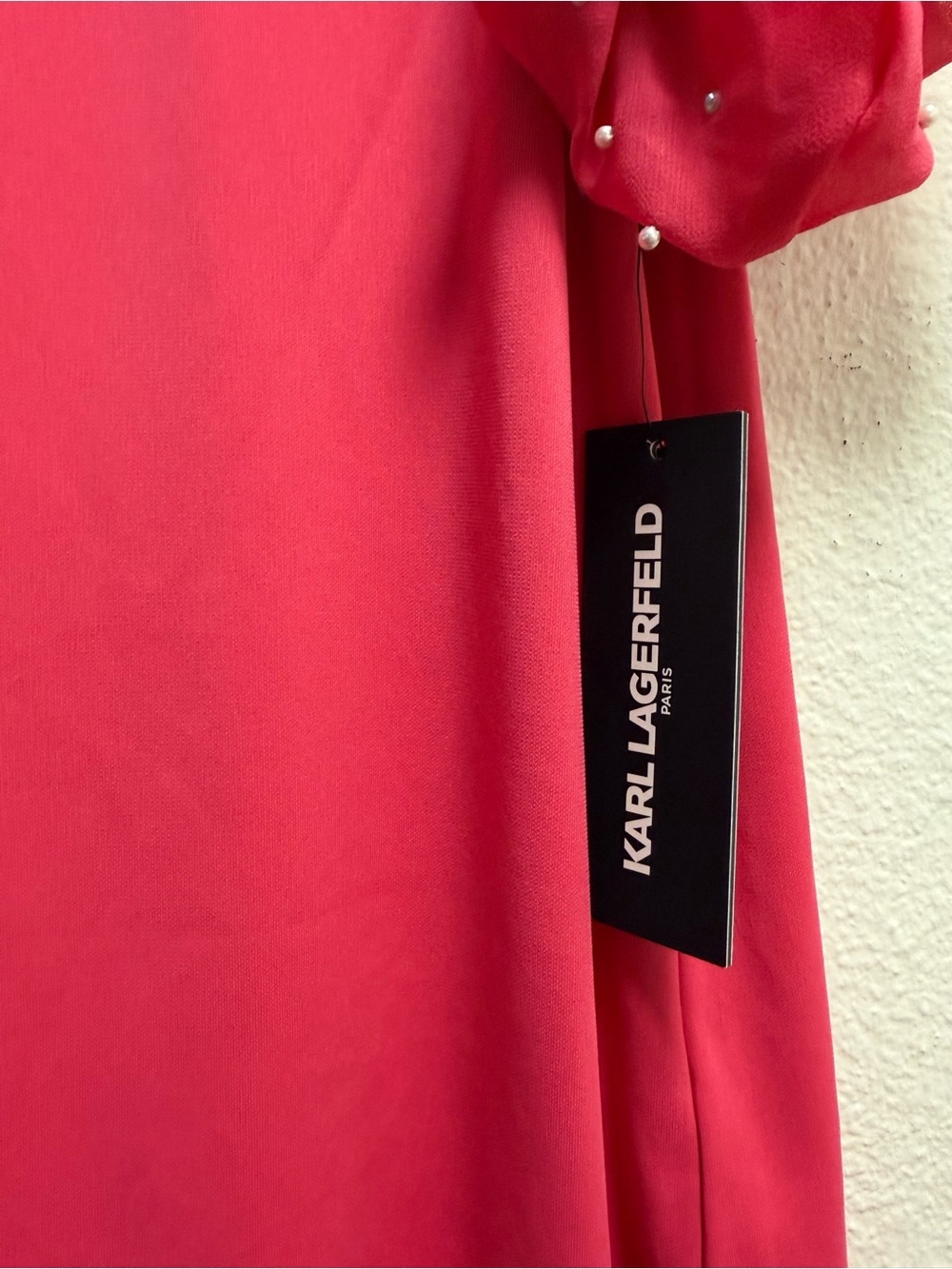 Karl Lagerfeld Shirt women size L Bright Pink Pearl-Studded Puff Sleeve Top - Picture 4 of 8